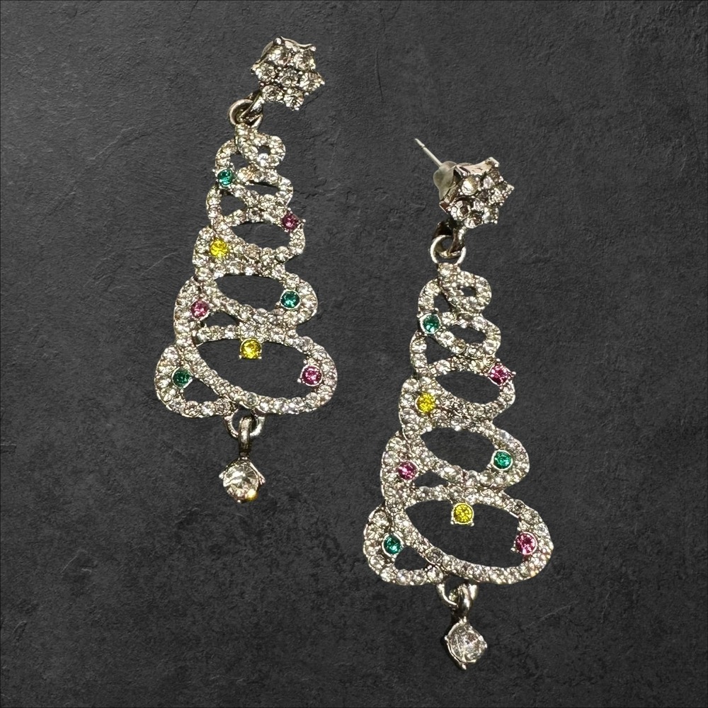Rhinestone Christmas Tree Dangle Earrings Silver‎ Tone Holiday Multicolor